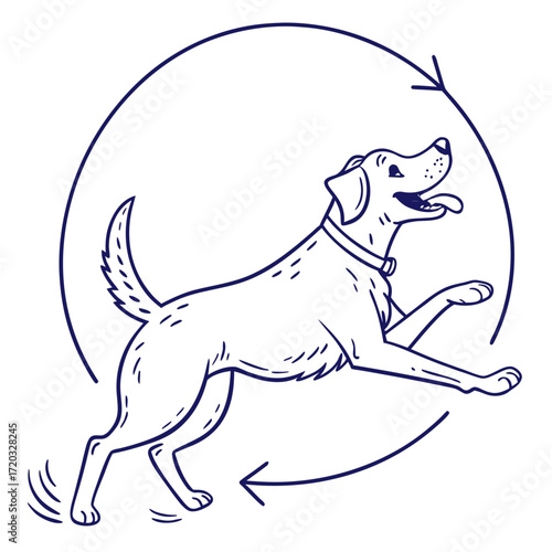 Vector art of a happy dog is running in a circular path, illustrated with clean lines to convey energy and joy, the design is minimalist and suitable for a variety of creative projects