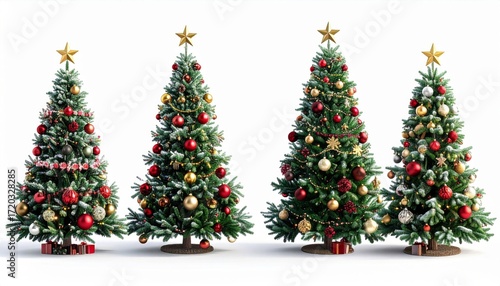 Group of Four Decorated Christmas Trees with Gold Stars and Colorful Ornaments Isolated on White