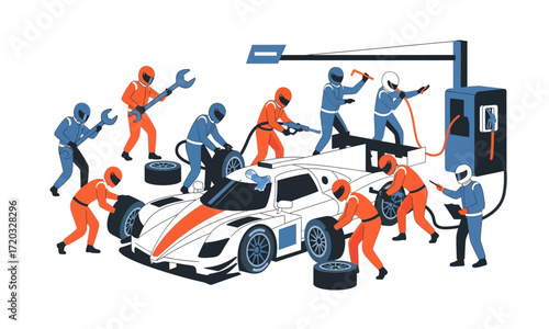 Racing Team Pit Stop - Mechanics Servicing a White and Orange Race Car with Tools and Equipment.