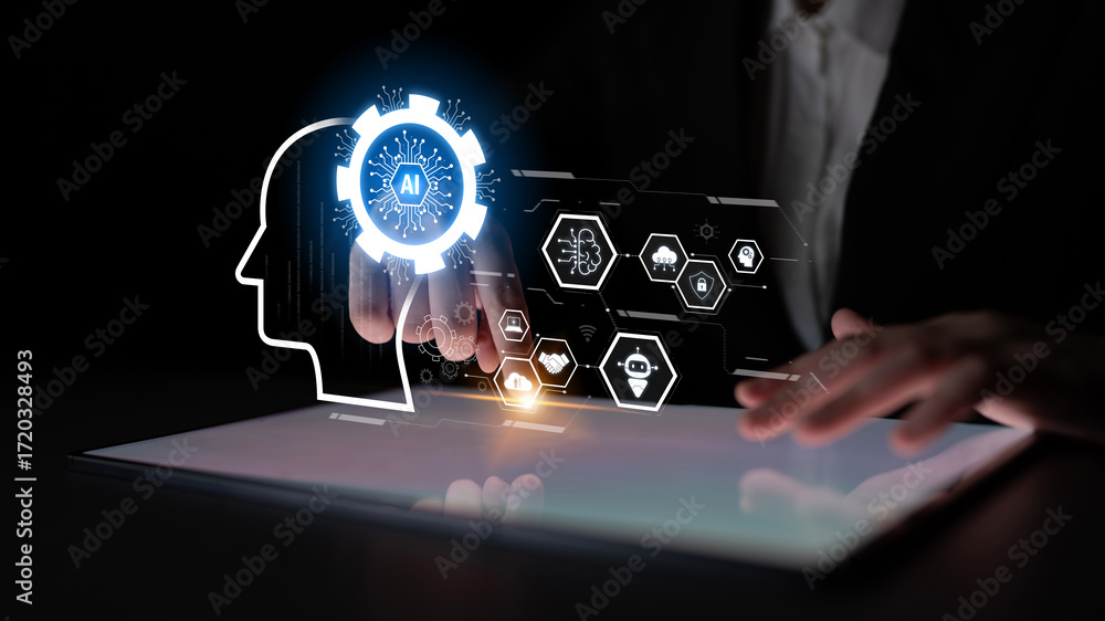 Fototapeta premium AI integrated with human cognition, supporting decision-making, automation, robotics, data analysis, and secure digital collaboration through intelligent systems Latch