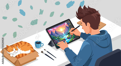 A male digital artist in a blue hoodie drawing a vibrant landscape on a tablet, with a cat sleeping nearby.