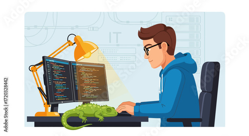Programmer in blue hoodie and glasses coding at dual monitors, a green scaly lizard resting on his desk.