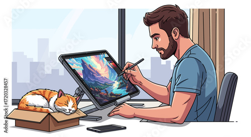 Digital artist creating vibrant landscape on tablet with sleeping cat nearby