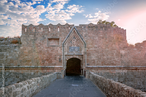 The Red Gate (aka the Gate of St. John or Koskinou Gate), part of the fortification of the medieval town of Rhodes, Dodecanese, Greece.