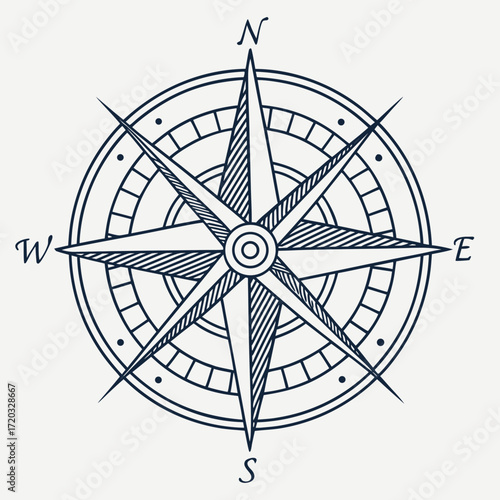 Vector art of an elegant monochrome line art illustration of a classic compass rose with cardinal directions, intricate details, and a vintage aesthetic
