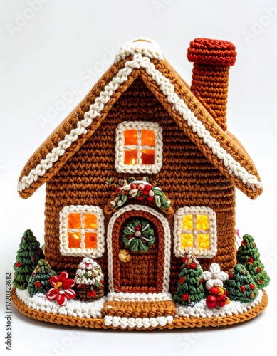 Brown Knitted Gingerbread House with White Trim and Christmas Decoration on Seamless Background