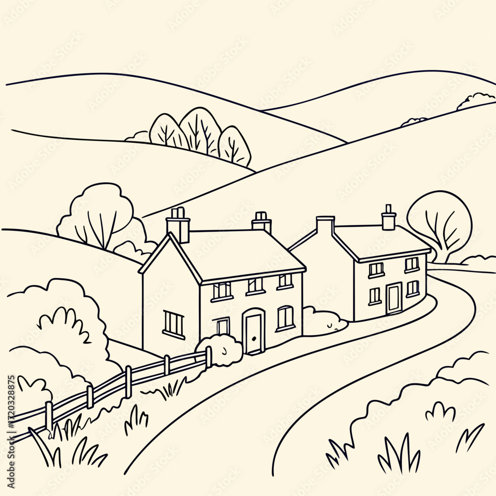 Obraz premium Vector art of detailed line art of a charming countryside scene with houses, rolling hills, and a winding road, perfect for coloring books, scenic illustrations, or ruralthemed designs