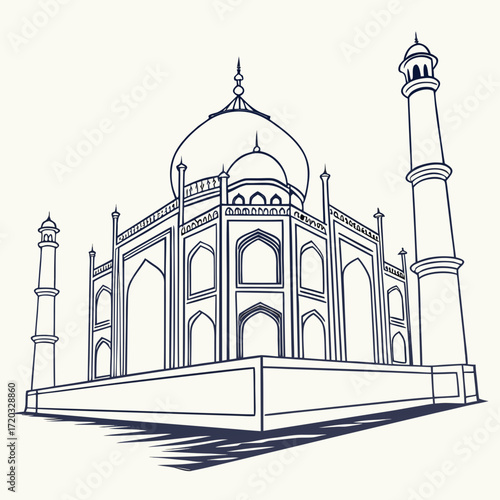 Vector art of detailed line art illustration of the taj mahal vector drawing of the iconic indian landmark, a symbol of love and architectural masterpiece, perfect for travel and cultural themes
