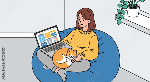 Smiling woman in yellow sweater using laptop, orange and white cat sleeping on her lap, blue beanbag.