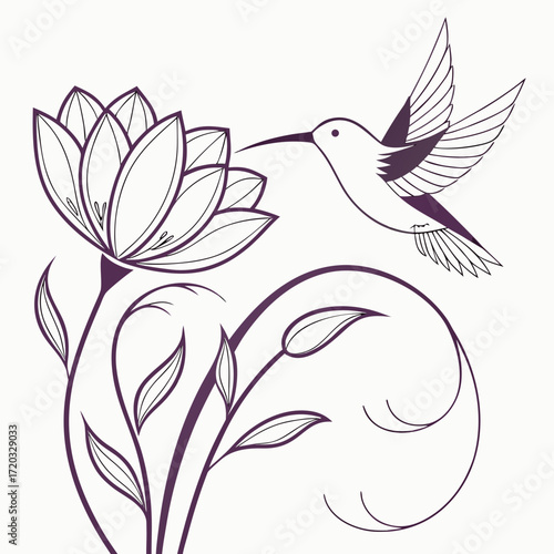 Vector art of elegant line art illustration of a hummingbird sipping nectar from a lotus flower, the design features delicate swirls and leaves, creating a serene and natureinspired aesthetic