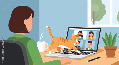 Woman Working From Home with Cat on Laptop Video Conference