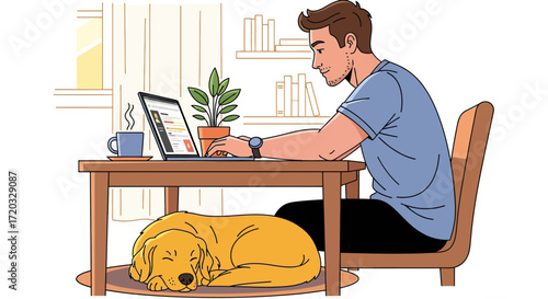 Man working on laptop with dog sleeping peacefully nearby