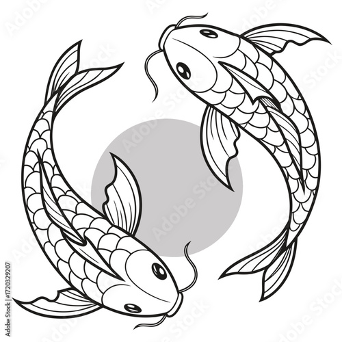 Vector art of graceful koi fish swimming in a circle, , creating a serene and artistic design with intricate scales and flowing fins, perfect for coloring books or tattoo designs, embodying peace
