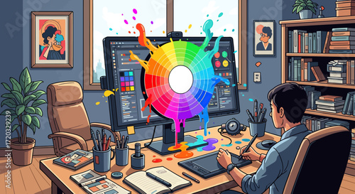Digital artist working with vibrant color wheel on computer screen