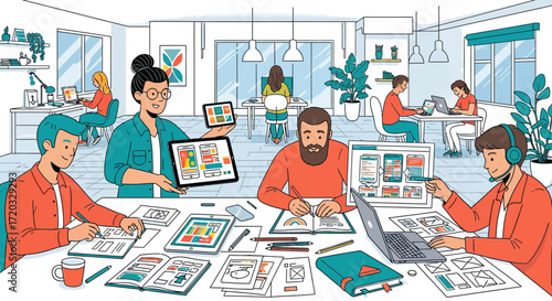 A diverse team of creative UI/UX designers collaborating on mobile app interfaces in a busy, modern office.
