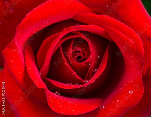 Red rose close up with water drops on petals symbolizing love and romance