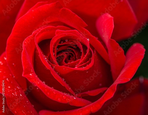 Red rose close up with water drops on petals symbolizing love and romance
