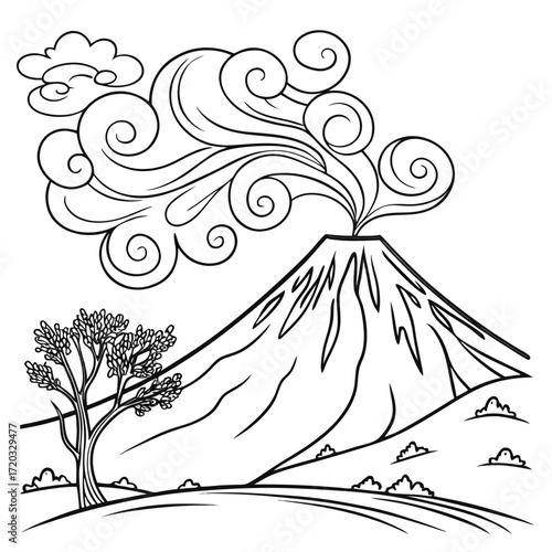 Vector art of outline drawing of a volcano erupting with a tree in the foreground, showcasing a simple yet captivating scene of natures power and beauty