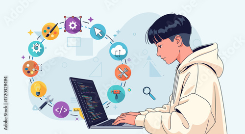 Focused young programmer in a cream hoodie typing code, with a flow of development icons