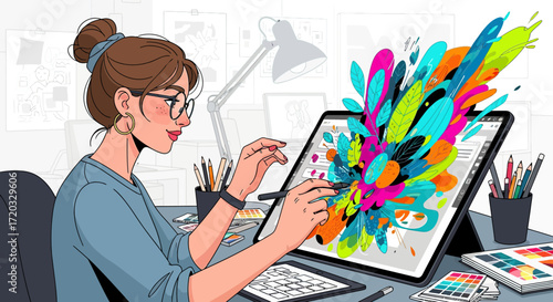 Cartoon woman drawing colorful abstract art on a tablet with a stylus pen