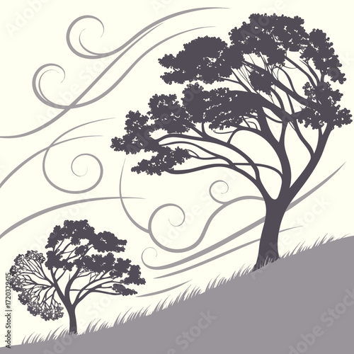 Vector art of silhouette illustration of two trees on a windy day, the wind is depicted with swirling lines, creating a sense of movement and natures power