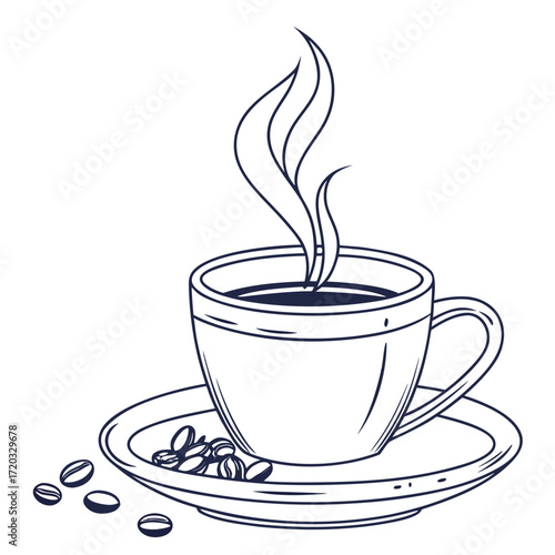 Vector art of sketch of a coffee cup with steam and coffee beans, representing the essence of coffee culture, perfect for cafe menus and promotional materials