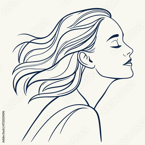 Vector art of sophisticated line art illustration of a woman with flowing hair captures a sense of tranquility and beauty ideal for fashion, beauty, or wellness projects