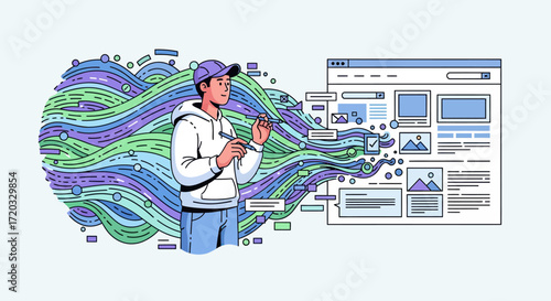 Illustrated young man in purple cap and white hoodie creating digital content, holding pens amidst abstract design elements and web layout.