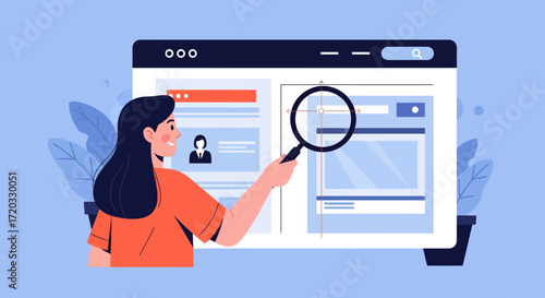 A smiling woman with long dark hair uses a magnifying glass to analyze a website interface on a large screen.