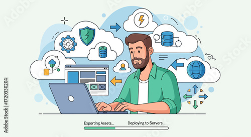 Bearded Man in Green Shirt Intently Typing on Laptop, Engaged in Digital Work