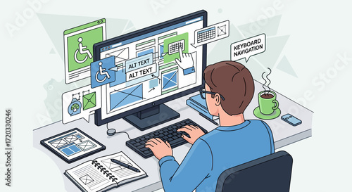 Illustrated person with glasses typing, designing accessible web interfaces on a desktop computer, line art style, flat colors.