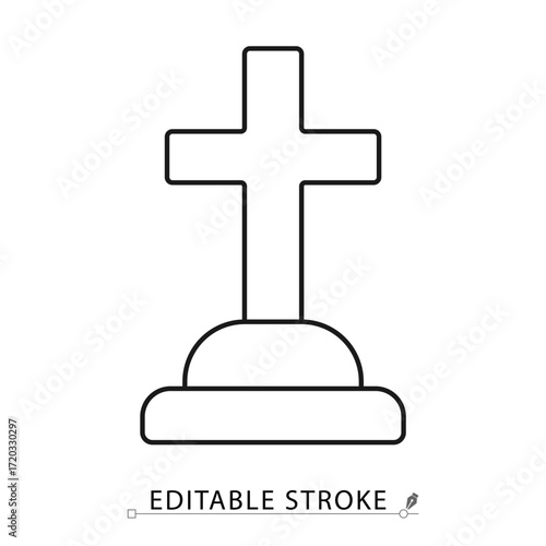 A cross gravestone icon in a minimalist line style with editable stroke. Cemetery headstone, funeral memorial, death symbol, christian burial monument, halloween decoration, gothic grave concept.