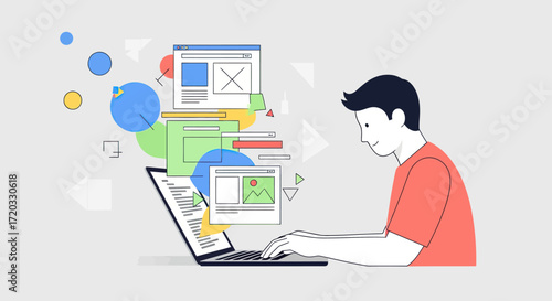 Smiling man in a red shirt typing on a laptop with colorful abstract UI elements floating out.