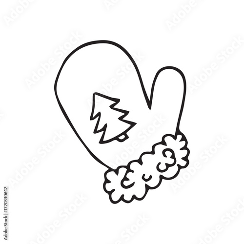 Christmas mitten line drawing in whimsical style in black and white for holiday decorations. Vector hand drawn illustration for postcards, logo, stikers, polygraphy and social media. Not AI