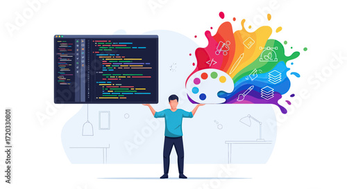 Balanced Man Holding Code and Creative Design Elements