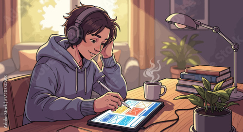 Smiling person in headphones and hoodie designing UI/UX layouts on a digital tablet with stylus