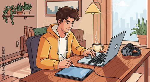 Cartoon Man Working on Laptop and Tablet at Home Desk