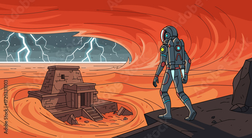 Astronaut Exploring Ancient Ruins on a Volcanic Planet