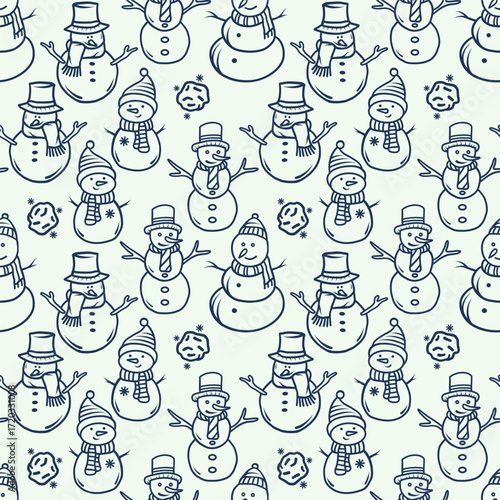 Snowmen on a white background, winter vector illustration. Festive seamless pattern. Useful for gift wrapping paper, fabric, clothing, textiles, surface textures, and scrapbooks.