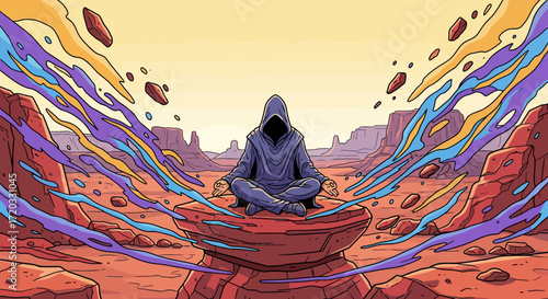 Hooded Figure in Lotus Pose on Red Rock, Surrounded by Abstract Energy Streams