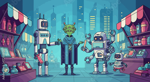Cartoon Alien with Multiple Eyes and Robots in a Futuristic Cityscape