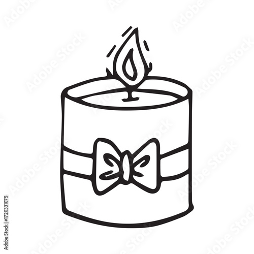 Candle with ribbon in hand-drawn style in black and white representing warmth and celebration. Vector hand drawn illustration for postcards, logo, stikers, polygraphy and social media. Not AI