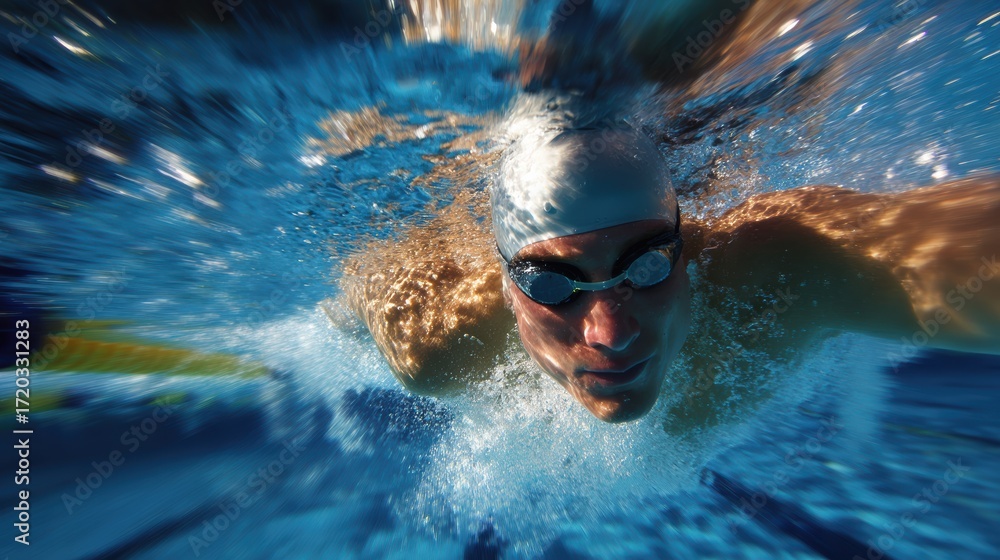 Naklejka premium Dynamic Underwater Swim Shot Effectively Capturing Speed and Intense Focus in a Swimming Pool Environment