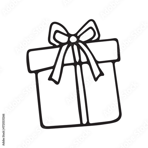 Gift box line drawing in simple hand-drawn style in black and white for packaging and celebration. Vector hand drawn illustration for postcards, logo, stikers, polygraphy and social media. Not AI