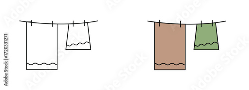 Hanging Towels on Clothesline Icon – Outline and Colored Style