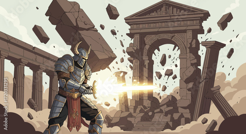 Medieval Knight in Shining Armor Wielding a Glowing Sword Amidst Ruins