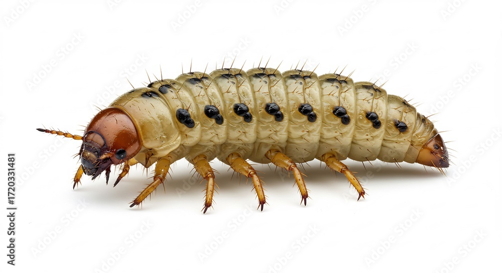 Fototapeta premium Close up detailed view shows segmented pale larva with dark spots crawling against white background. AI Generated
