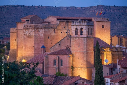 Mora de Rubielos Teruel Aragon Spain  Night view of the historical town. The illuminated castle and church..