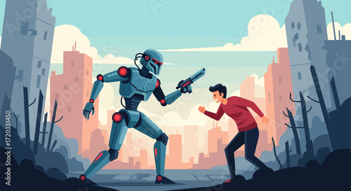 Aggressive metallic robot with glowing red eyes aiming gun at terrified man