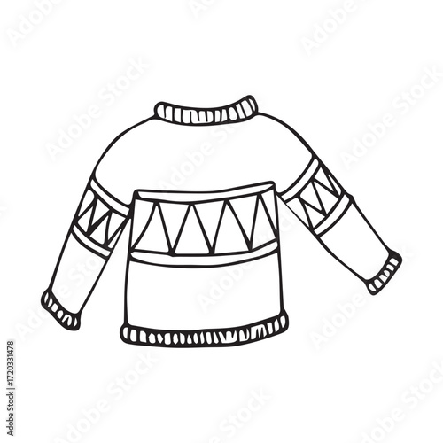 Winter sweater line drawing in minimalist style in black and white for apparel concept. Vector hand drawn illustration for postcards, logo, stikers, polygraphy and social media. Not AI